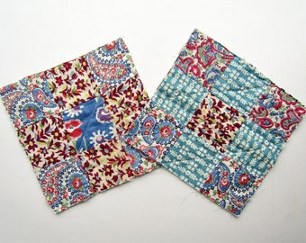 Two Mid Century Patchwork 9 Patch Quilt Squares for Sewing, Creative Work, Decor, Bright and Floral