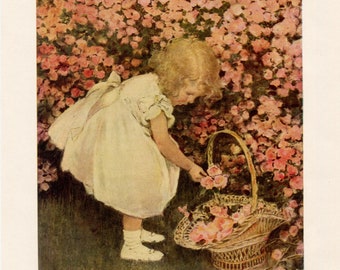 Vintage 1930's Girl Filling Basket with Pink Posies in Garden Original Illustration, Bookplate  Print by Jessie Willcox Smith