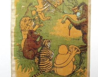 Timeworn Aged Antique  Child's Muslin Book Page, The Animals Jungle Bank, Junk Journal, Sewing c 1910