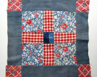 Recycled Vintage 1940 Red, White, Blue 14 Inch Patchwork Block, Country Quilt Top Piece for Decor, Stitching, Projects,