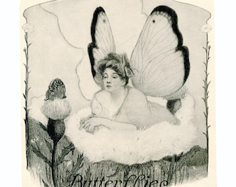 Vintage 1910 Art Nouveau Design Butterflies Woman  Black and White Bookplate Print, Fantasy Scene, Original Print