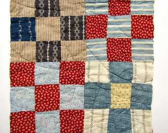 Vintage 1920's Calico & Shirt Fabrics 9 Patch Quilt Piece, Quilt Block with Nice Old Fabrics for Table Decor, Projects and Sewing