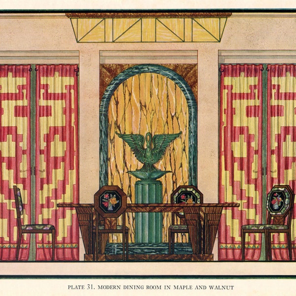 Vintage 1937 Art Deco Interior Decorative Drapes, Textiles Bookplate Print, Lithograph by Edward Thorne, Wall Decor Print, Original Print