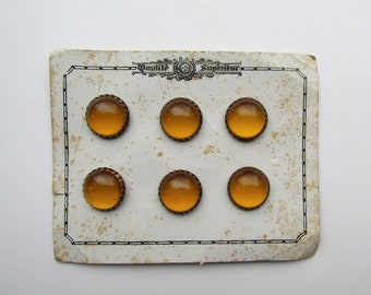 Set of 6 Antique 1920's Faux Amber Plastic Dome Buttons on Card, Creative Buttons, Vintage Sew Supply, 3/4 Inch Size