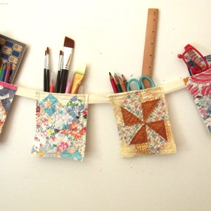 Pockets Banner for Your Crafting, Sewing, Art Supplies, Recycled Vintage Feedsack Wall Hanger 4 Pockets Banner for Small Supply Storage