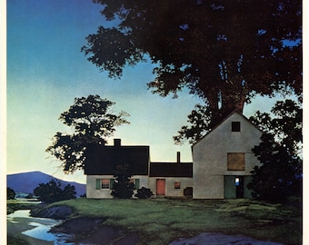 Vintage Maxfield Parrish Bookplate, Illustration Print, Wall Decor, Landscape Farm, Barn, Twilight Scene