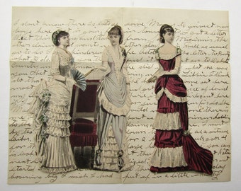 Original Antique 1870's Era Victorian Women Cut Paper Scene,  Victorian Wall Decor, Illustration, Images for Collage, Junk Journal, Artwork