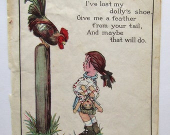 Antique 1915 Child's Muslin Book Page, Nursery Rhyme, Girl w Rooster and Doll, Lg 10 x 8 Inch Size, Sewing, Wall, Decor, Creative Work