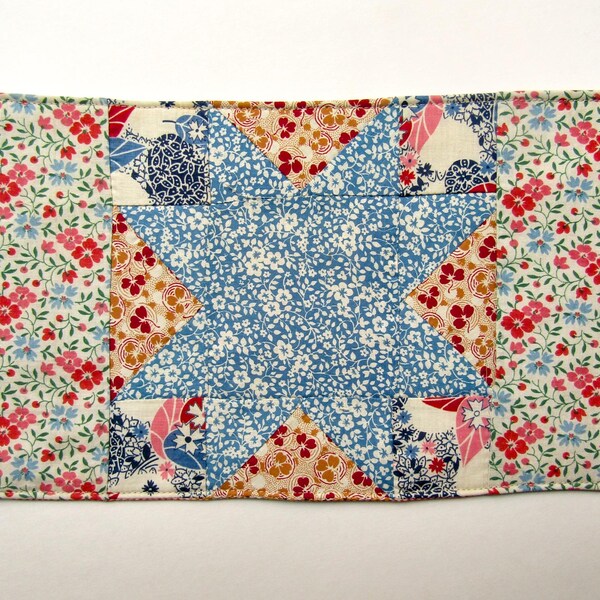 Vintage 1930's Feedsack Cottons  Multi Color Center Star Table Runner, Table Mat, Patchwork Quilt Table Doily, Farmhouse Decor