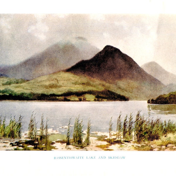 Vintage 1930's English Lakes Bassenthwaite Lake Scene Bookplate Illustration, Original Print for Framing, by EW Haslehust