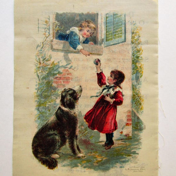 Antique 1893 Linen Book Page, Children at Window with Big Farm Dog Watching, Sewing, Decor