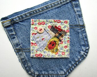 Lady Bug and Scraps Antique Quilt Piece Patch,  Decoration, Journal Embellishment, Textile Fragments, Patch, Gift