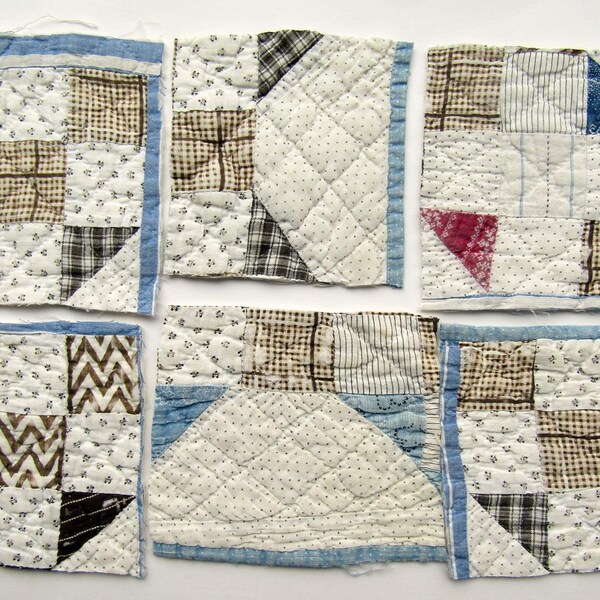 Antique Worn and Faded Calico Scrappy Quilt Pieces, Brown, Blue, White, Well Used