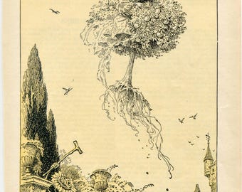 Vintage 1930's Child's Storybook Illustration, The Orange Tree, Fairy & Child on Flying Tree