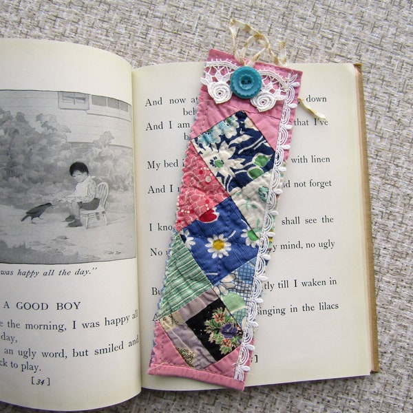 Recycled Antique Quilt Piece Bookmark, Feedsack and Calico Fabrics Bookmark, Journal Marker, Book Lover Bookmark, Gift