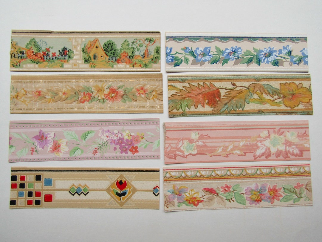 Set of 8 Vintage 1940's Wallpaper Border Strips Decorative Papers