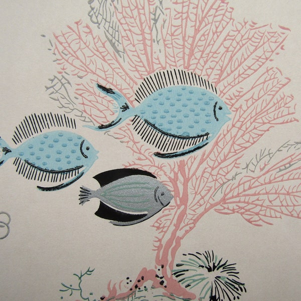 Vintage 1950 Mid Century Design Wallpaper Print for Wall Decor, Fifties Fish and Pink Coral, Original Wallpaper, Print, Illustration