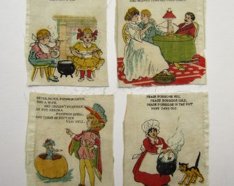 Set 4 Vintage Child's Muslin Book Page, Nursery Rhyme Scenes w Verse, Junk Journal, Sewing, Projects, 1910's