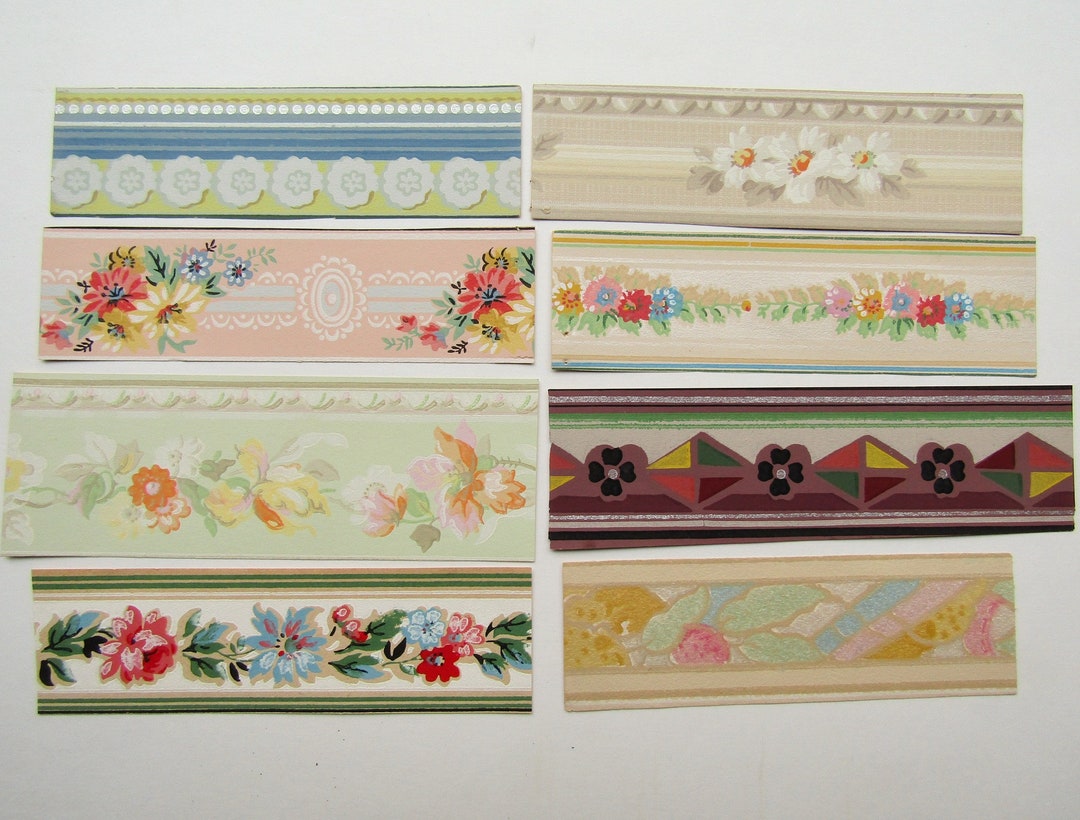 Set of 8 Vintage 1940's Wallpaper Border Strips Decorative Papers