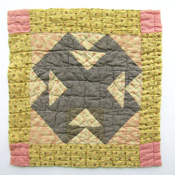 Tumbling T Square Time Worn Antique 1920 Vintage Quilt Block, Country and Calico Fabrics, Hand Quilted, for Decor, Sewing, Projects