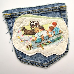 On the Farm, Kids and Cows Scene Vintage Quilt Piece Patchwork Decoration, Journal Embellishment, Textile Fragments, Patch, Gift