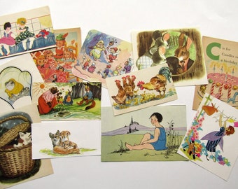 Group of 12 Vintage 1920's, 1930's Storybook Imagery Graphic Bookplates Illustrations, Prints, Original Prints, Kids Family Variety