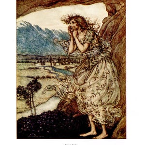 May include: An illustration titled Sweet Echo depicting a figure with long flowing hair wearing a patterned dress standing in a rocky cave opening, hands cupped around the mouth, overlooking a landscape with mountains, a river, and trees.