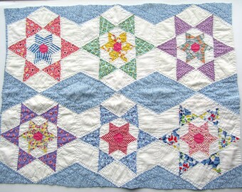 Double Star 1930's Feedsack Fabrics Quilt Section,  Quilt Piece for Projects, Sewing, Quilting, Table Decor, Decorations