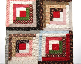 Antique Log Cabin Quilt Piece, Beautiful 1890's Era 4 Square 20 Inch Size Block Quilt Section, Crisp Calicos, Hand Stitched, Decor Projects