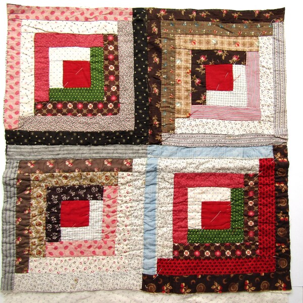 Antique Log Cabin Quilt Piece, Beautiful 1890's Era 4 Square 20 Inch Size Block Quilt Section, Crisp Calicos, Hand Stitched, Decor Projects