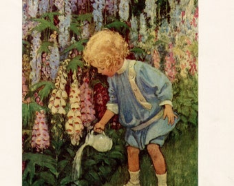 Vintage 1930's Child Watering Garden Full of Foxglove and Delphinium Original Illustration, Bookplate  Print by Jessie Willcox Smith