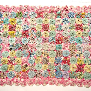 1930's Era Feedsack Fabrics Yo Yo Patchwork Table Cover, Sham, Centerpiece for Home Decor, Small Quilt