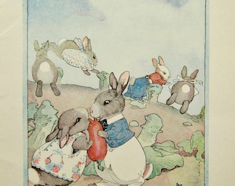 Ex libris antiguo original de 1924 con ilustración de un conejito en el jardín, ideal para la decoración de la habitación infantil.