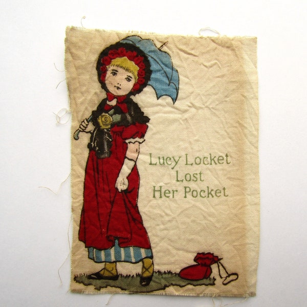 Timeworn Aged Antique  Child's Muslin Book Page, Lucy Locket Lost her Pocket Nursery Rhyme, Junk Journal, Sewing, Decor, Wall, Original Page