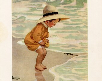 Vintage 1930's Child on the Beach Edge Looking into the Ocean Original Illustration, Bookplate  Print by Jessie Willcox Smith