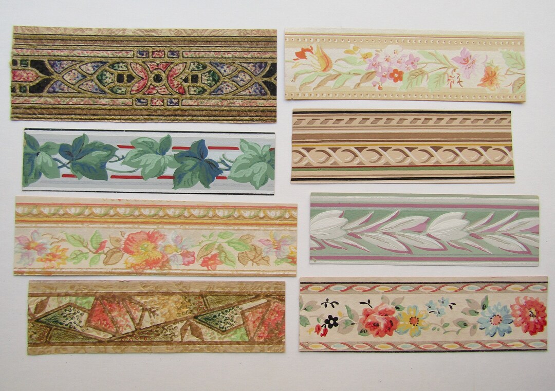 Set of 8 Vintage 1940's Wallpaper Border Strips Decorative Papers