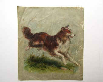 Timeworn Aged Antique  Child's Printed Linen Book Page, Herding Dog, Australian Shepherd, Sewing, Decor, Wall, Junk Journal, Original Page