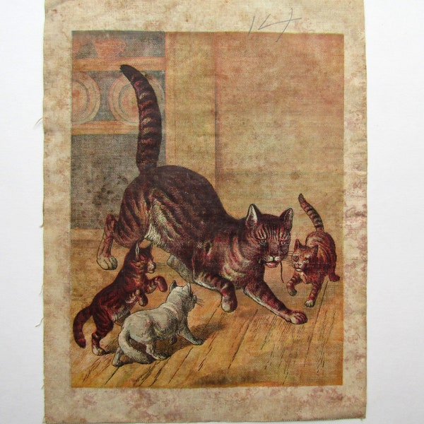 Timeworn Aged Antique Child's Printed Linen Book Page, Mother Cat w Mouse for the Kittens to Play With, Lg Size Page, Sewing, Decor c 1900