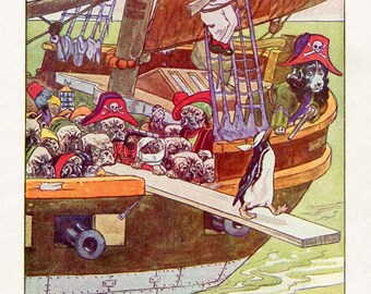 Vintage 1930's Child's  Illustration Bookplate Print for Framing, Dog Pirates on Ship, Penguin Walks Plank, Boy's Room Decor, Pirates