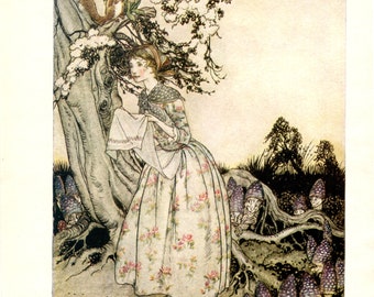 Vintage The Fair Maid Who the First of May Bookplate Illustration Print by Arthur Rackham, Fair Maid and Many Elves