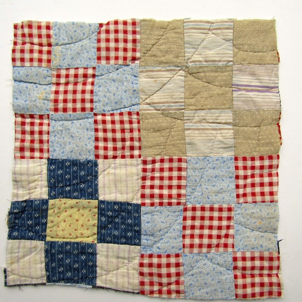 Vintage 1920's Calico & Shirt Fabrics 9 Patch Quilt Piece, Quilt Block with Nice Old Fabrics for Table Decor, Projects and Sewing