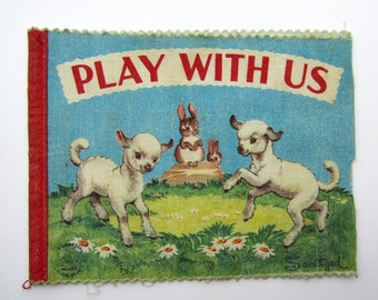 Timeworn Aged 1940 Vtg  Child's Muslin Book Covers for Junk Journal, Sewing, Decor, Play With Us, Lambs, Bunnies