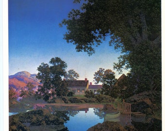 Vintage Maxfield Parrish Bookplate, Illustration Print, Wall Decor, Landscape, Peace of Evening Scene