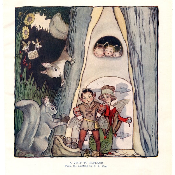 Vintage 1930's  Child's Story Book Illustration, Print by F W Cory, A Visit to Elfland, Tree House Home, Squirrels, Elves