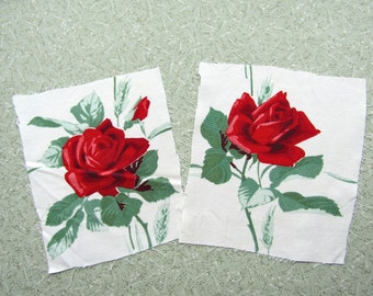 Two 1950 Vintage Big Red Roses Cotton Tablecloth Scrap Pieces for Projects and Sewing