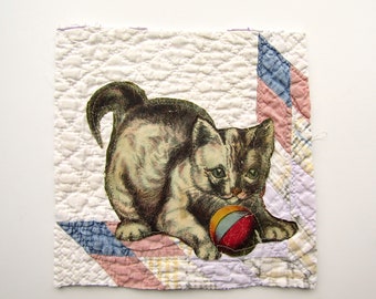 Time Worn, Aged Antique Linen Book Page Fragment, Cat Playing with a Ball on Patchwork Mat, Art Mini Quilt, Decor Piece Textile Art