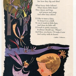 Mid Century Child and the Fairies Bookplate Illustration, Print, by Luther Johnson, Original Print, Little Girl with Many Fairies and Verse