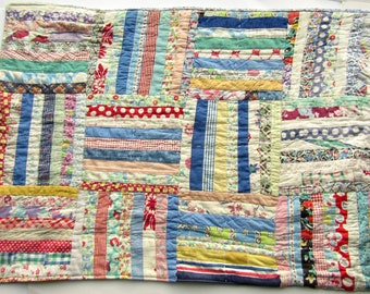 Vintage 1930's  Fence Rail Quilt Piece Upcycled  Wall Hanger, Small Rug, Table Decor Cover, Colorful Primitive Quilt Cover