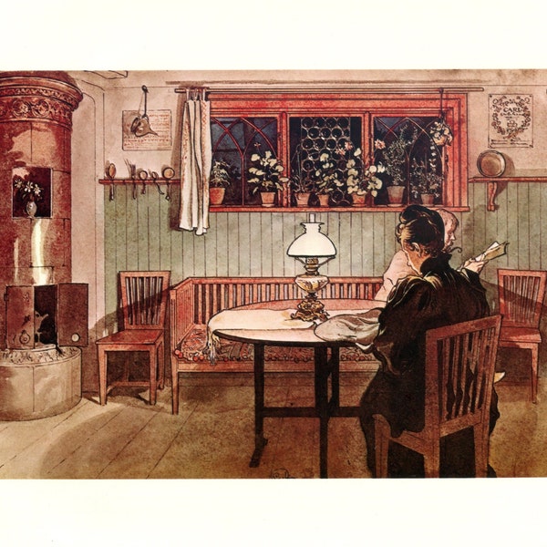 Vintage Print, 1970's Vintage Carl Larsson Bookplate Illustration, Print, Reading at the Dining Table by Lamp Light, Times Past