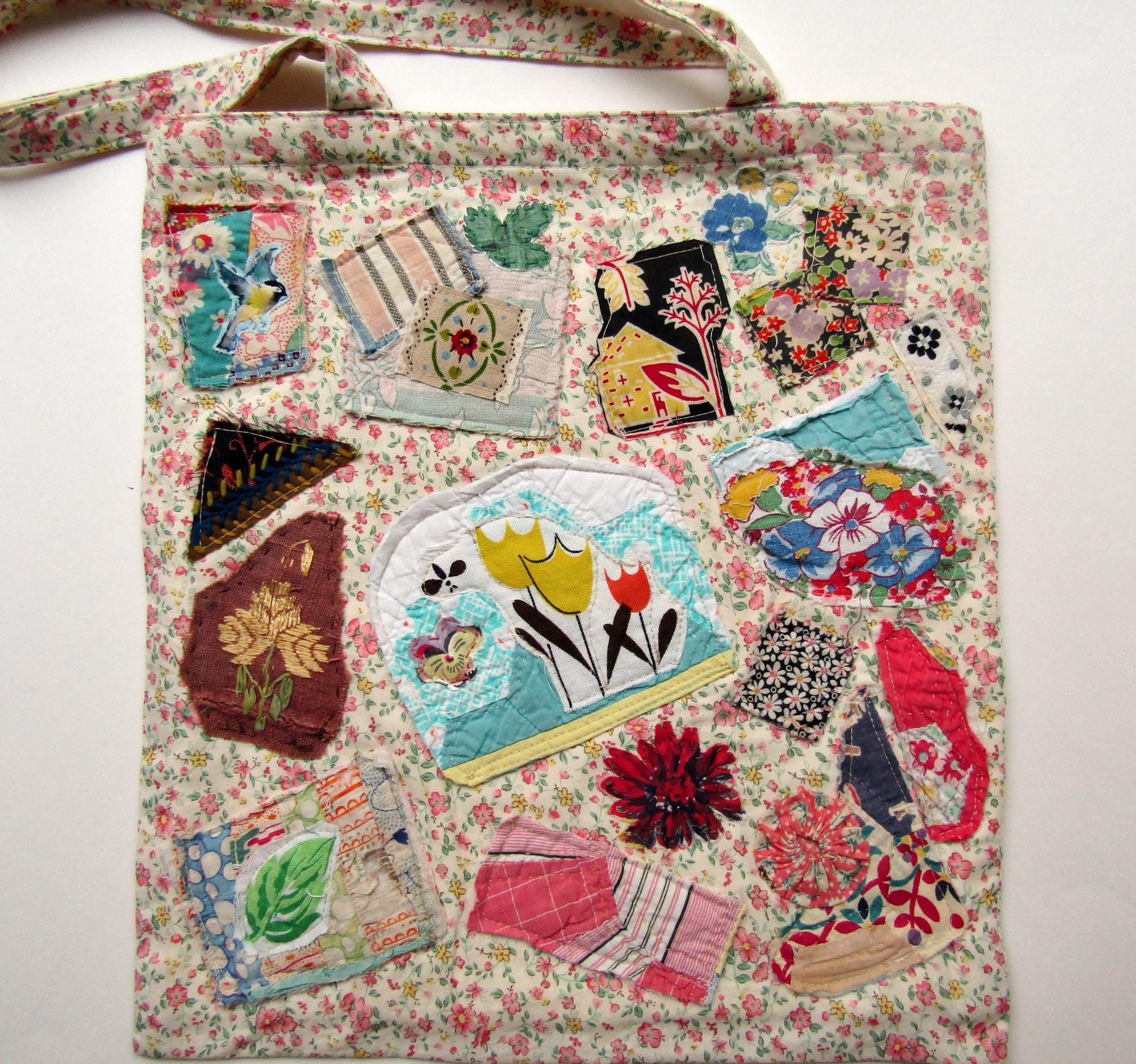 Scrappy Patches & Quilt Pieces Bag,  Lined Tote Bag, Large Tote, Fabric Art Bag, Patchwork, Upcycled Quilting, Utility, Knitting, Decor Bag